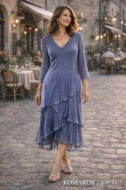 Komarov V-Neck Textured Beaded Layered Chiffon Midi Dress Size XL